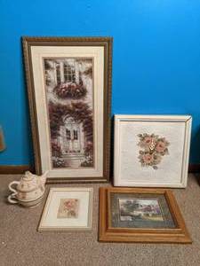 lot 95 image: (4) Feminine Framed Prints and a Teapot