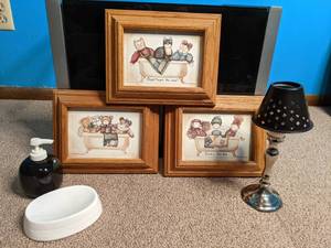 lot 97 image: Cute Bathroom Decor Framed Prints, Soap HolderDispenser, Candle Holder