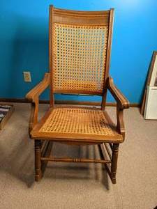 lot 99 image: Vintage Wood Rocking Chair with Cane Seat and Back