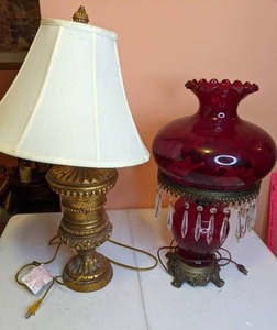 lot 304 image: Vintage Hurricane Table Lamp & Modern Lamp with Patina Finish