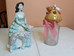 lot 310 image: Vintage Woman with Greyhound Figurine & Cat and Mouse Jar