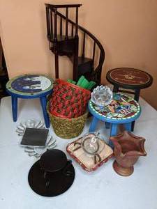 lot 348 image: Misc. Decor Step Stools, Candleholders, Mini Spiral Staircase, Baskets