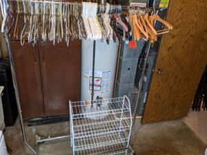 lot 273 image: Metal Rolling Clothing Rack w Hangers and Wire Shoe Rack