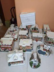 lot 283 image: Lot of (13) Hawthorne Village Coca-Cola Christmas Village Buildings and People Figurines