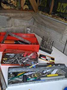 lot 260 image: Vintage Toolbox Filled with Hand Tools and Drill Bits