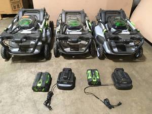 Lot of 3 EGO lawnmowers 2 chargers and 2 batteries used not tested customer returns see pictures