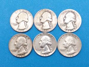 lot 30 image: 6 Washington Quarters, 90% Silver
