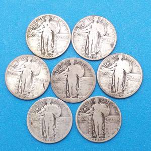 lot 33 image: 7 Standing Liberty Quarters, 90% Silver
