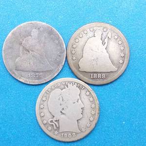 lot 34 image: 1877 Seated Liberty Quarter, 1888-S Seated Liberty Quarter & 1908 Barber Quarter, 90% Silver