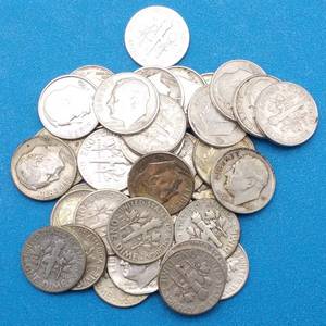 lot 35 image: 36 Roosevelt Dimes from 1946-1963, ALL Different Dates & Mint Marks, including P, D & S, 90% Silver