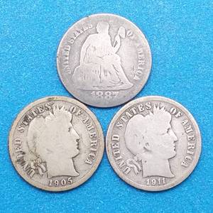 lot 36 image: 1887 Seated Liberty Dime plus 2 Barber Dimes, 1905-S & 1911-D, 90% Silver