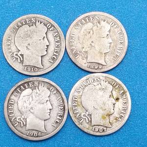 lot 37 image: 4 Barber Dimes, 90% Silver