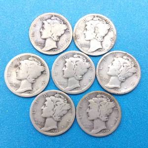 lot 38 image: 7 Mercury Dimes, including (2) 1916, 1916-S, 1919-D, 1924-S, 1927-S & 1930-S, 90% Silver