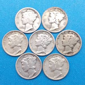 lot 39 image: 7 Mercury Dimes, including 1916, 1916-S, 1939, 1942-D, 1944 & (2) 1945-S, 90% Silver