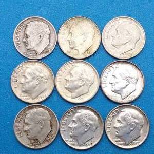 lot 40 image: 9 Roosevelt Dimes, 90% Silver, Some BU