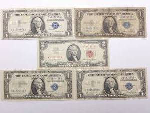 lot 62 image: (4) US $1 Silver Certificates & (1) $2 Red Seal Note