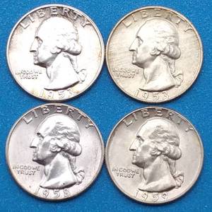 lot 68 image: 4 BU Washington Quarters, 90% Silver, 1953, 1953-D, 1958 & 1959