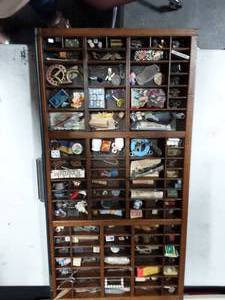 lot 1 image: Hamilton Printers Tray 32x17 With Contents Miniatures, Marbles, Dominos, Vintage Monopoly Game Pieces, Keys, Army Pins & More