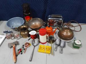 lot 13 image: Lot Of Vintage Kitchen Wares Tea Pots, Strainers, Utensils & More