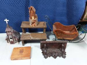 lot 14 image: Wood Sleigh, Step Stool, Carved Houses, Wall Shelf