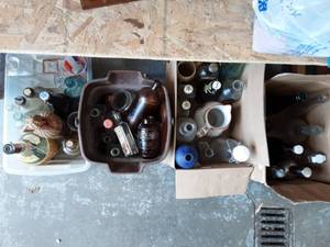 lot 20 image: 4-Boxes Of Old Bottles & Jars (Blow Glass, Blue Glass, Medicine, Liquor & More