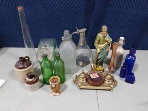 lot 22 image: Communion Sever, St, Jude Figure, Other Old Bottles & Crocks
