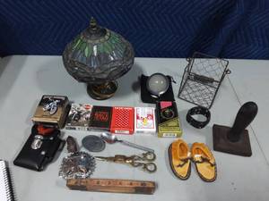 lot 31 image: Tiffany Style Lamp, Tarot Cards, Playing Card, Belt Buckles, Harley Davidson Cards