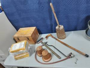 lot 39 image: 50s National Geographics, Narley Cane, Wood Box, Grape Stomper, Antique Pump, Wooden Gears