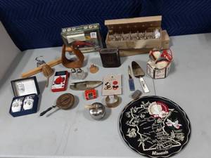 lot 41 image: Set Of Egg Coddlers, Salt & Pepper, 2-Cases Of Miniature Bottles, Platters, Shaver & Other Collectible Decor