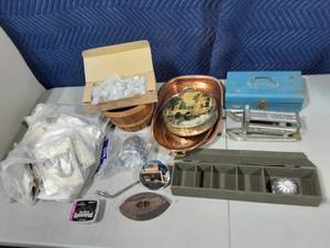 lot 42 image: Organizer, Bike Light, Scrap Metal Letters, Sad Iron, Porcelain Knobs, Copper Serving Trays