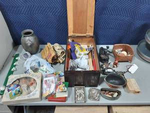 lot 43 image: Wooden Crates, Interesting Collectibles, Buttons, Pottery, Coca Cola, Sports, Army Tubes, 3-Duchess Dolls, Killebrew Poster, 2-Base Ball Gloves