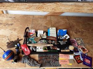 lot 46 image: Lot Of Mini Collectibles, Old Sewing Notions, Advertising  Items, Magnets & Handcrafted Art