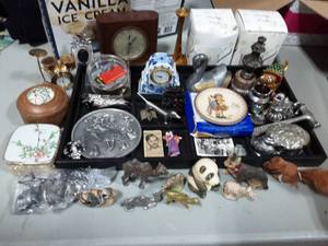 lot 48 image: Trinket Boxes, Old Clocks, Music Box, Pewter & Other Miniature Animals, Souvenirs, Misc