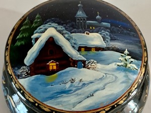 lot 64 image: Round WoodTrinket Hand Painted Box