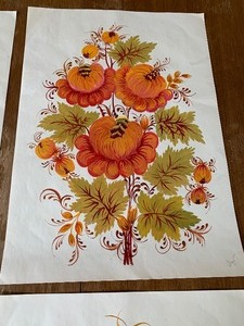 lot 151 image: Six Pieces of Floral Watercolor Art- Petrykivka Paintings