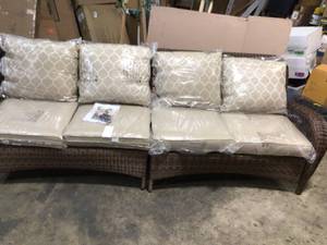 lot 6 image: Hampton Bay Beacon Park 3-Piece Brown Wicker Outdoor Patio Sectional Sofa with CushionGuard Toffee Trellis Tan Cushions good condition see all pictures