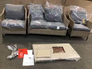 lot 34 image: StyleWell Kendall Cove 4-Piece Steel Patio Conversation Outdoor Seating Set with Charcoal Cushions see all pictures