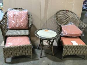 lot 41 image: Hampton Bay  Valley Spring 5-Piece Wicker Patio Conversation Set with Sienna Cushions good condition see all pictures