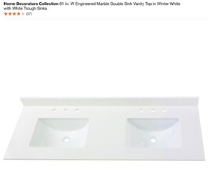 HOME DECORATORS COLLECTION 61 IN. W ENGINEERED MARBLE DOUBLE SINK VANITY TOP IN WINTER WHITE WITH WHITE TROUGH SINKS. SEE PICTURES