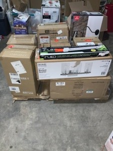 PALLET OF ASSORTED ONLINE RETURNS LIGHTING & CHANDELIERS. VARIOUS CONDITIONS. SEE PICTURES