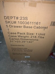 HUSKY HEAVY DUTY WELDED 18-GAUGE STEEL 5-DRAWER GARAGE BASE CABINET IN BLACK (28 IN. W X 32 IN H. X 21.5 IN. D). SEE PICTURES