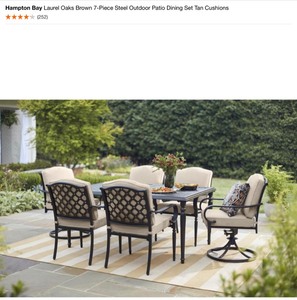 HAMPTON BAY LAUREL OAKS BROWN 7-PIECE STEEL OUTDOOR PATIO DINING SET TAN CUSHIONS. SEE PICTURES