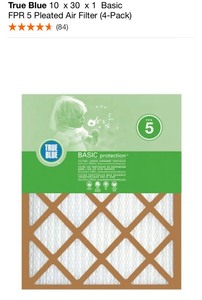 TRUE BLUE 10 x 30 x 1 Basic FPR 5 Pleated Air Filter (4-Pack). See Pictures
