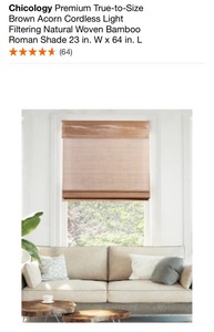 CHICOLOGY Premium True-to-Size Brown Acorn Cordless Light Filtering Natural Woven Bamboo Roman Shade 23 in. W x 64 in. L. See Pictures