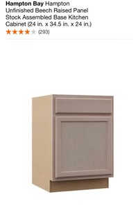 HAMPTON BAY Hampton Unfinished Beech Raised Panel Stock Assembled Base Kitchen Cabinet (24 in. x 34.5 in. x 24 in.). See Pictures