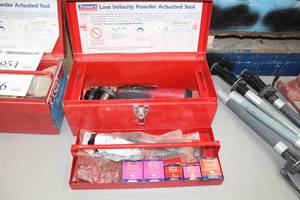 lot 957 image: Powers Fasteners Low Velocity Powder Actuated Tool P3801  with Metal Case, Accessories