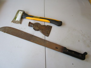 lot 131 image: Yardwork camp axe, shingle hammer h...