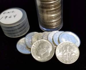 lot 04 image: BU ROLL OF 1964 ROOSEVELT SILVER DIMES 50 COINS