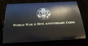 lot 10-A image: US 50th ANNIVERSARY WWII 2 COIN SET SILVER DOLLAR & CLAD HALF IN ORIGINAL PACKAGING
