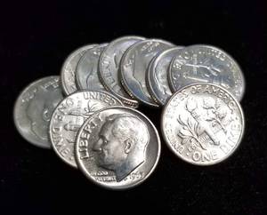 lot 34-A image: 10 BU-UNC ROOSEVELT SILVER DIMES AS PICTURED